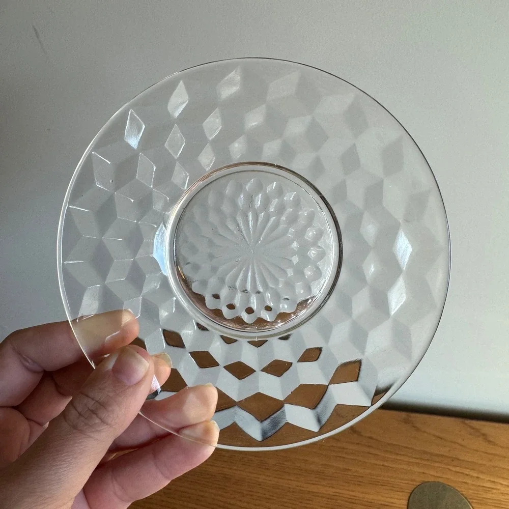 Vintage‎ Clear Glass Diamond Cut Saucers Set of 2 Small Dessert Plates